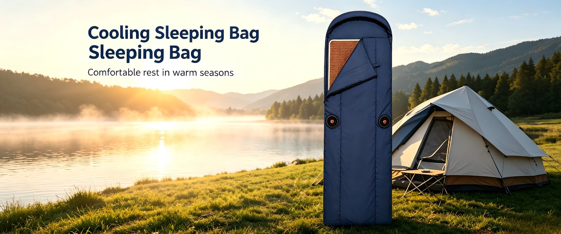Cooling sleeping bag by the lake at sunrise