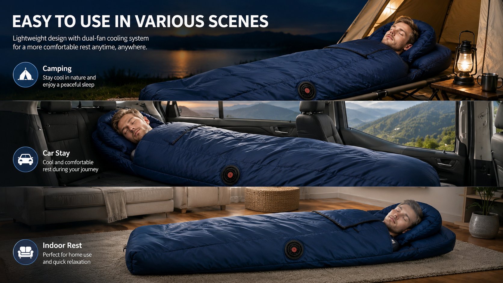 XUYADI cooling sleeping bag used in camping, car stay, and indoor rest scenes